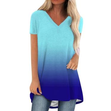Imagem de Camisetas femininas de manga curta com estampa tie dye gradiente gola redonda casual verão ajuste solto camisetas longas básicas, Azul, 3G