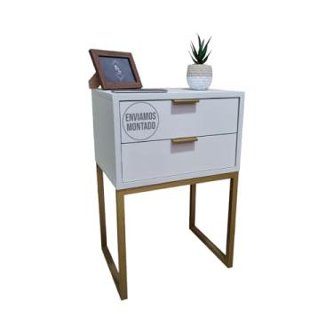Imagem de Mesa De Cabeceira Eco Industrial 40cm com 2 Gavetas e Base De Metal Para Quarto Lateral Da Cama Escritório Enviada Montada (Base Dourada / Dourado, Off-White)