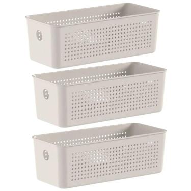 Imagem de 3 Caixas Organizadoras 27x12x9cm Bege Flow 3L Retangular Cestos Multiuso Lavanderia Banheiro