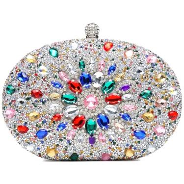Imagem de Beaguful Bolsas femininas para noite com strass brilhante, bolsas de mão luxuosas, Prata oval/multicolorido, 7.9 x 2.0 x 5.5 inches