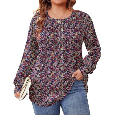 Imagem de IN'VOLAND Túnica feminina de manga comprida plus size, plissada, gola redonda, elegante, casual, solta, camiseta de outono, Azul escuro floral, 60