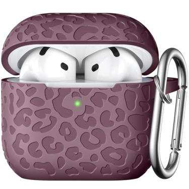 Imagem de DGege Capa para AirPods 4 gravada em leopardo 2024, capa protetora de silicone macio para mulheres, acessórios fofos para AirPod com chaveiro (violeta claro)