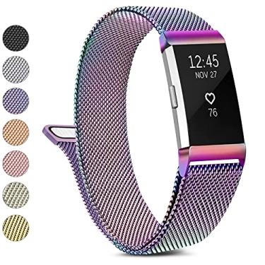 Imagem de Pulseira de metal compatível com Fitbit Charge 2 pulseiras femininas e masculinas, pulseira de substituição ajustável de malha de aço inoxidável para Fitbit Charge 2 (grande, colorida)