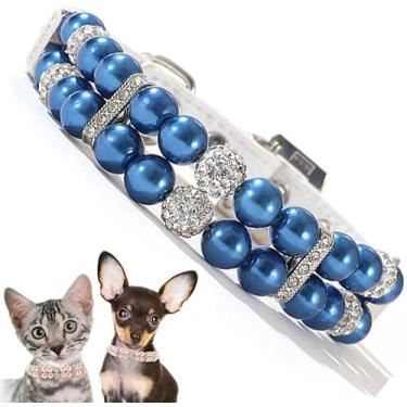 Imagem de Coleira de pérola para cães, colar de pérolas de gato com strass de luxo com contas de diamante, joia para gatinho para meninas pequenas, médias (azul, G (pescoço para 28-33 cm))