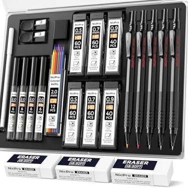 Imagem de Nicpro Conjunto de lapiseiras artísticas com 22 peças, lápis de desenho metálico preto 0,5 e 0,7 e 0,9 mm e 2 peças de suporte de grafite de grafite de 2 mm (4B 2B HB 2H) para desenho, escrita, esboço