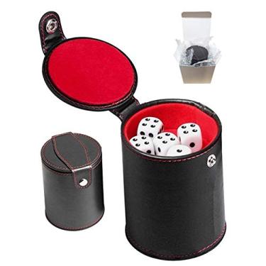 Imagem de Conjunto de copo de dados com compartimento de armazenamento couro PU preto forrado com feltro vermelho + (5) dados de pôquer de 16 mm (caixa de presente) (dados pip/dot (cantos arredondados) -