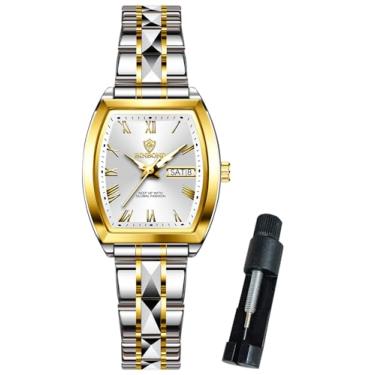 Imagem de BINBOND Relógio feminino quadrado, moderno, luxuoso, elegante, de aço inoxidável, relógio de pulso feminino, à prova d'água, luminoso, Relógio feminino branco dourado, relógios femininos