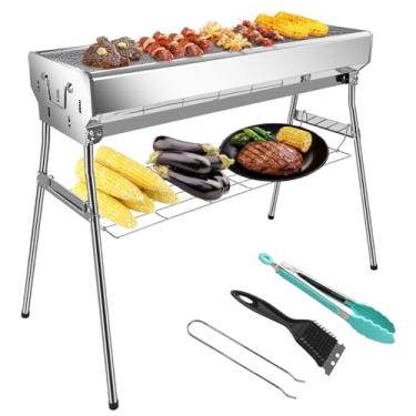 Imagem de paxlloonge Grelha a carvão com rack de armazenamento dobrável, churrasqueira de aço inoxidável extra grande para cozinhar ao ar livre, piquenique, acampamento, uso comercial, 87 x 72 x 32 cm
