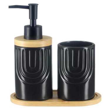 Imagem de Kit Lavabo Banheiro Bambu Porta Sabonete Líquido Escova 887 (Preto)