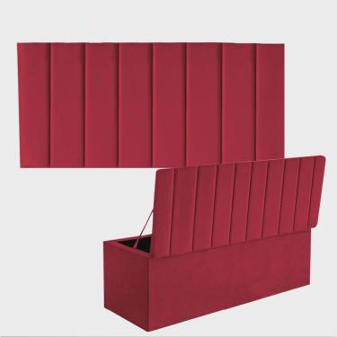 Imagem de Kit Painel Cabeceira Estofada e Calçadeira Baú Recamier Carla 160cm Queen Size Corino Vermelho - Ahz Móveis