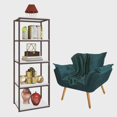 Imagem de Kit Poltrona Fatte com Manta Soft Verde e Estante Livreiro Ferro Marrom mdf Branco Suede Azul Turquesa - Ahazzo Móveis