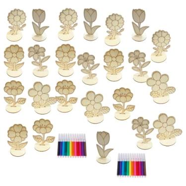 Imagem de rockible Flores de madeira 24x para artesanato Arte do jardim de infância Ornamentos pintáveis ​​Material pré -escolar Material DIY para colorir kit de