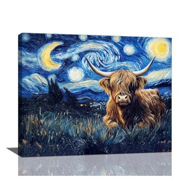 Imagem de Taimeng Arte de parede em tela emoldurada de vaca Highland bonita céu estrelado, imagens de animais para quarto, escritório, decoração de parede para banheiro, sala de estar, pintura, arte, arte