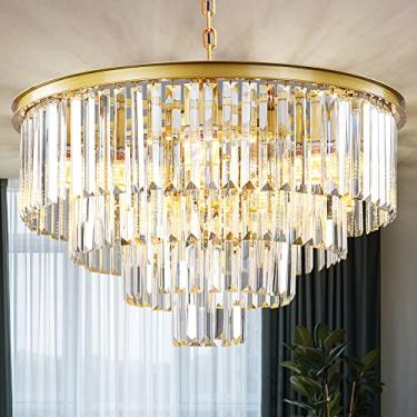 Imagem de Laiuetai Lustre de cristal moderno dourado, luminária de teto redonda de 4 camadas com montagem embutida em altura ajustável para sala de jantar, sala de estar, quarto, cozinha, hotel hall de entrada