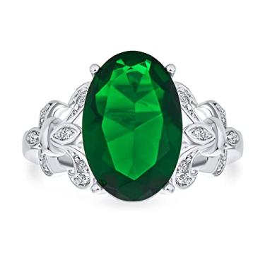 Imagem de Anel solitário oval grande personalizado AAA CZ simulado safira azul esmeralda verde vintage art déco estilo 5-15 CTW coquetel declaração anel para mulheres banhado a prata personalizável, 8, pedra