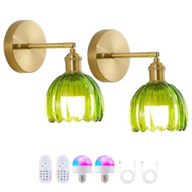 Imagem de Ruibutrade Arandelas de parede vintage operadas a bateria com controle remoto, ajustável de 180 graus, luminária de parede moderna alimentada por bateria com abajur de vidro tulipa verde para quarto,