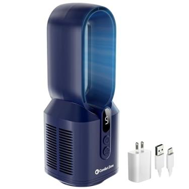Imagem de Comfort Zone Ventilador de mesa recarregável sem lâminas para quarto e casa, 5 configurações de velocidade, tela de exibição, pés antiderrapantes, ideal para escritório em casa, operação silenciosa,