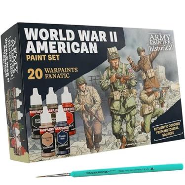 Imagem de The Army Painter, Histórico: Conjunto de tintas americanas da Segunda Guerra Mundial, 20 x 18 ml Warpaintts Fanatic: 14 acrílico, 4 lavagens, 1 efeito, 1 metálico e 1 pincel - Tinta em miniatura para