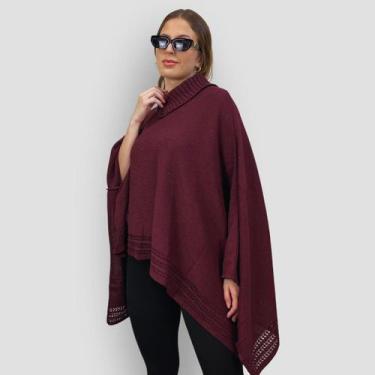 Imagem de Poncho Feminino Tricot Mousse Liso Gola Alta Casaco Inverno - GIP, Bor