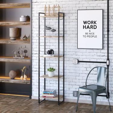 Imagem de Estante Para Livros Industrial Multiuso 5 Prateleiras 187x45cm Dynamica Yescasa Carvalho / Preto