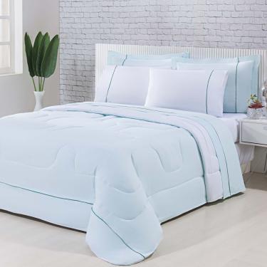 Imagem de Kit Edredom 100% Algodão Percal 150 Fios Dupla Face Solteiro Gran Moratta + Jogo De Cama 5 Peças - Verde-branco