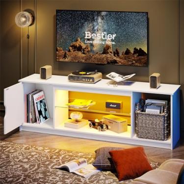 Imagem de Bestier Suporte de Tv para Jogos com Prateleiras de Vidro Removíveis para Tv de 55/60/65", Centro de Entretenimento Led e 22 Modos Rgb Dinâmicos para Ps5 Ps4, Console de Tv Moderno para Sala de Estar,