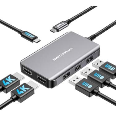 Imagem de SWITCHFLUX Adaptador de dois monitores para estação de ancoragem USB C, hub USB C 6 em 1 para monitor HDMI duplo 4K, hub USB C com 2 × HDMI, 3 portas USB, 100WPD compatível com MacBook Air/Pro, Dell
