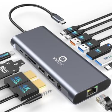 Imagem de WWLSV Estação De Encaixe Para Monitor Duplo, Adaptador 14 Em 1 Com 2 Hdmi 4K + Ethernet 7 Usb C/A Leitor Cartão Sd/Tf Áudio/Microfone, Hub C Compatível Macbook Pro/Air, Dell, Hp, Lenovo, Surface