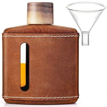 Imagem de Frascos de couro Crazy Horse feitos à mão para bebidas alcoólicas para homens, frasco de uísque de vidro com funil e tampas de madeira, à prova de vazamento para bebidas alcoólicas e bebidas alcoólicas Hennessy, conjunto de frascos premium ideia de presente para homens e mulheres (100 ml)