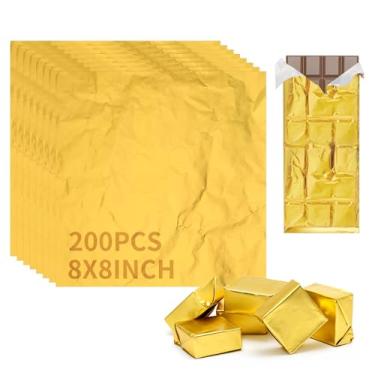 Imagem de Embalagem de 200 peças de embalagens de barra de chocolate 20 x 20 cm, papel de embrulho de folha de alumínio dourado para barras de chocolate caseiras