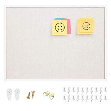 Imagem de OWLKELA Quadro de cortiça de linho de 43 x 58 cm, moldura branca, com 20 pinos, quadro de avisos com linho, ideal para escola, casa e escritório