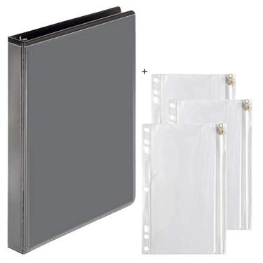 Imagem de 3 anéis de fixação, 2,5 cm, anéis redondos, suporta até 175 folhas com 3 bolsos de vinil para encadernação, bolsas lápis com fecho de zíper – conjunto de valor, Preto