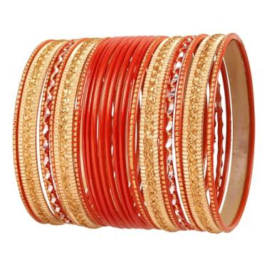 Imagem de Touchstone Coleção de pulseiras coloridas indianas Bollywood liga metálica texturizada cenoura laranja designer conjunto de 20. Para mulheres