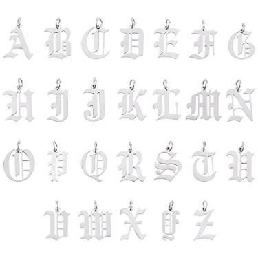 Imagem de UNICRAFTALE 26 pingentes de letras de metal pingentes góticos ingleses antigos pingentes de aço inoxidável A-Z pingentes com anel de salto para pulseiras, colares e brincos, furo de 3 mm