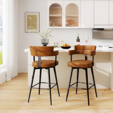 Imagem de MUUEGM Bancos de bar com altura para balcão, banquetas giratórias com braços traseiros, conjunto de 2 apoios para os pés modernos estofados de metal macio acolchoado cozinha ilha couro marrom, 2 peças