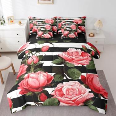 Imagem de Erosebridal Conjunto de edredom solteiro romântico floral rosa rosa em um saco, 7 peças, plantas botânicas chiques, preto e branco, conjunto de cama