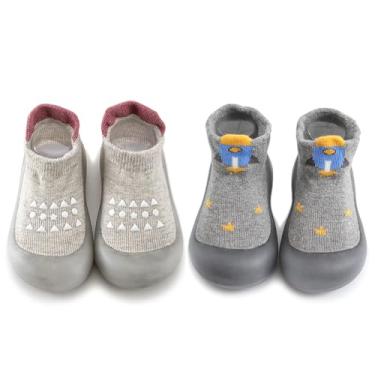 Imagem de HOVELL 2 Pares De Sapatos Bebê Com Sola Borracha Macia, Antiderrapantes, Para Meninos E Meninas, Caminhada, Algodão, Macia (Cinza, 2-3 Anos)