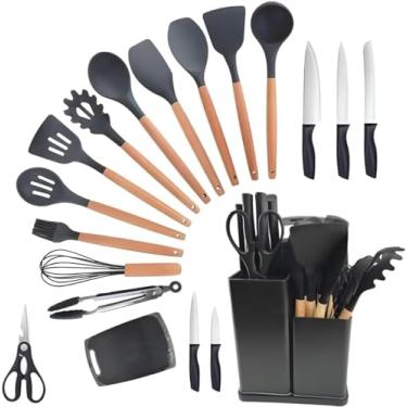 Imagem de Utensílios para Cozinha, Kit 19 Peças - Conjunto Completo, Em Silicone com Cabo de Madeira, Antiaderente e Resistente, Suporte Faca e Tábua, Organizador Cozinha (Cor: Preto)