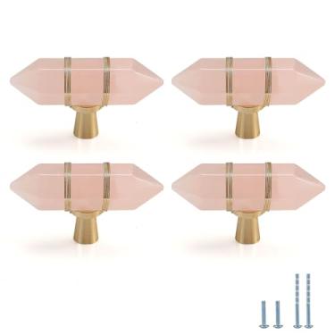 Imagem de Evionlin Pacote com 8 maçanetas de cristal hexagonais rosa rachadas com arame de vidro envolto em latão, puxador de armário, ferragens douradas para cômoda e cozinha