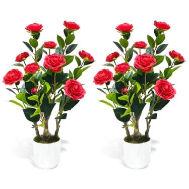 Imagem de Howngyesimu Pacote com 2 camélias artificiais, planta de camélia falsa de 6 m em vaso com flores vermelhas para primavera, casa, porta da frente, decoração interna, vermelha