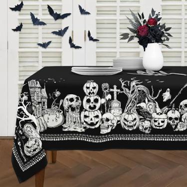 Imagem de Virtumob Toalha de mesa retangular de Halloween 152 cm × 213 cm, arte preta e branca assustadora, castelo de abóbora, caveiras, flores rosas, fantasma, decoração de festa para mesas retangulares