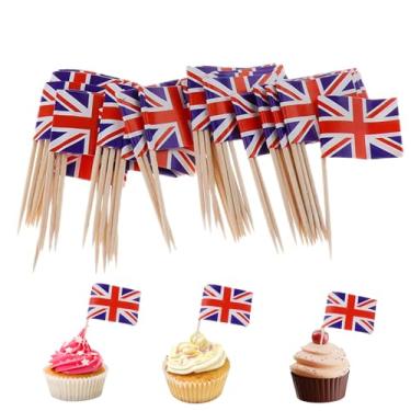 Imagem de Palitos de dente, 100 peças, mini bandeiras da Grã-Bretanha em palitos de alimentos, palito de dente, topos de cupcake, mini palito de coquetel, decoração de bandeira para bar de festa do dia da