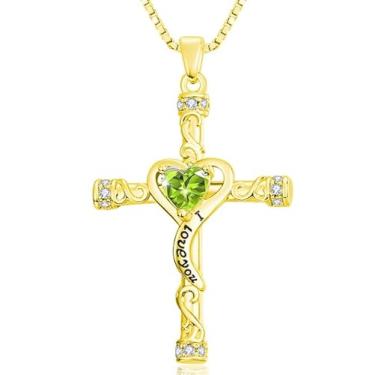 Imagem de VANAODUC Colar feminino com cruz de pedra do mês de nascimento, ouro 14K, ouro branco 18K, ouro rosa, pingente feminino I Love You, presente de aniversário e Natal para sua mãe, esposa, namorada