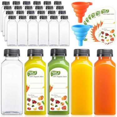 Imagem de Pacote com 24, garrafas de suco de plástico reutilizáveis de 350 ml com tampas, mais 24 etiquetas e 2 funis de silicone - garrafas de suco transparentes para suco, vitaminas, gengibre, chá, café -