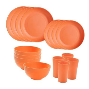 Imagem de Bothyi Conjunto de louças com 16 peças, tigelas redondas de palha PP minimalistas para 4 pratos de sobremesa inquebráveis para camping ao ar livre, cozinha, Laranja