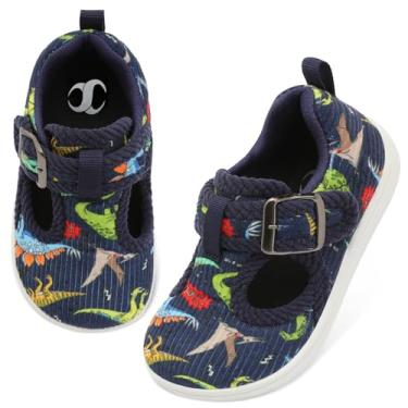 Imagem de Pantufas infantis para meninas, meninos, mocassins, confortáveis, para uso interno e externo, sapatos de caminhada descalços, Dinossauro preto, 9 Wide Toddler