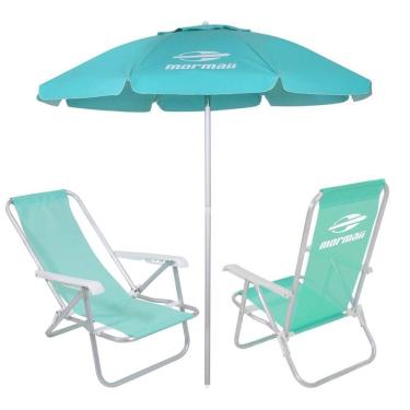Imagem de Kit 2 Cadeiras Reclinável Alumínio + Guarda Sol Bagum 2m Verde Mormaii - Belfix