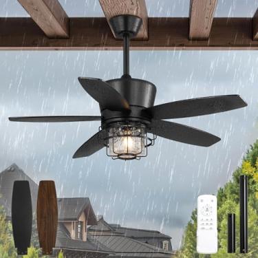 Imagem de Ventiladores de teto externos de 107 cm com luzes e controle remoto, ventilador de teto impermeável com classificação úmida IP65 com motor CC de 6 velocidades, ventilador de gazebo de fazenda para