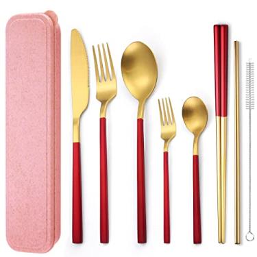 Imagem de AARainbow Conjunto de talheres de aço inoxidável, portátil, reutilizável, conjunto de utensílios de viagem, incluindo pauzinhos, faca, garfo, colher, canudos, escova de limpeza, lavável na lava-louças