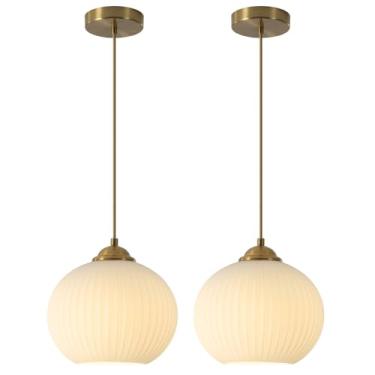 Imagem de Flyrose Luminária pendente de vidro de leite branco pequeno luminária pendurada em latão antigo luminária pendente de cozinha dourada sobre ilha moderna conjunto de 2 luzes pendentes de banheiro